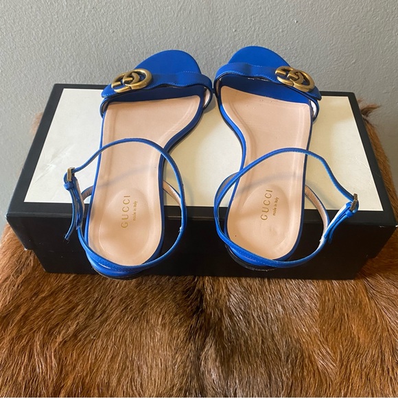 GUCCI Blue Leather GG Marmont Ankle Strap Slide Flats - Picture 3 of 8